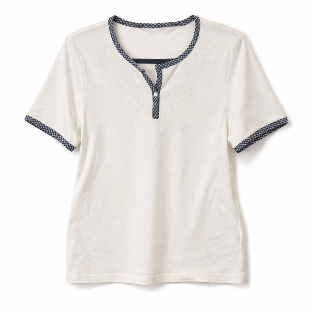 🦜 White Split-Neck Contrast Trim Short Sleeve Top - L